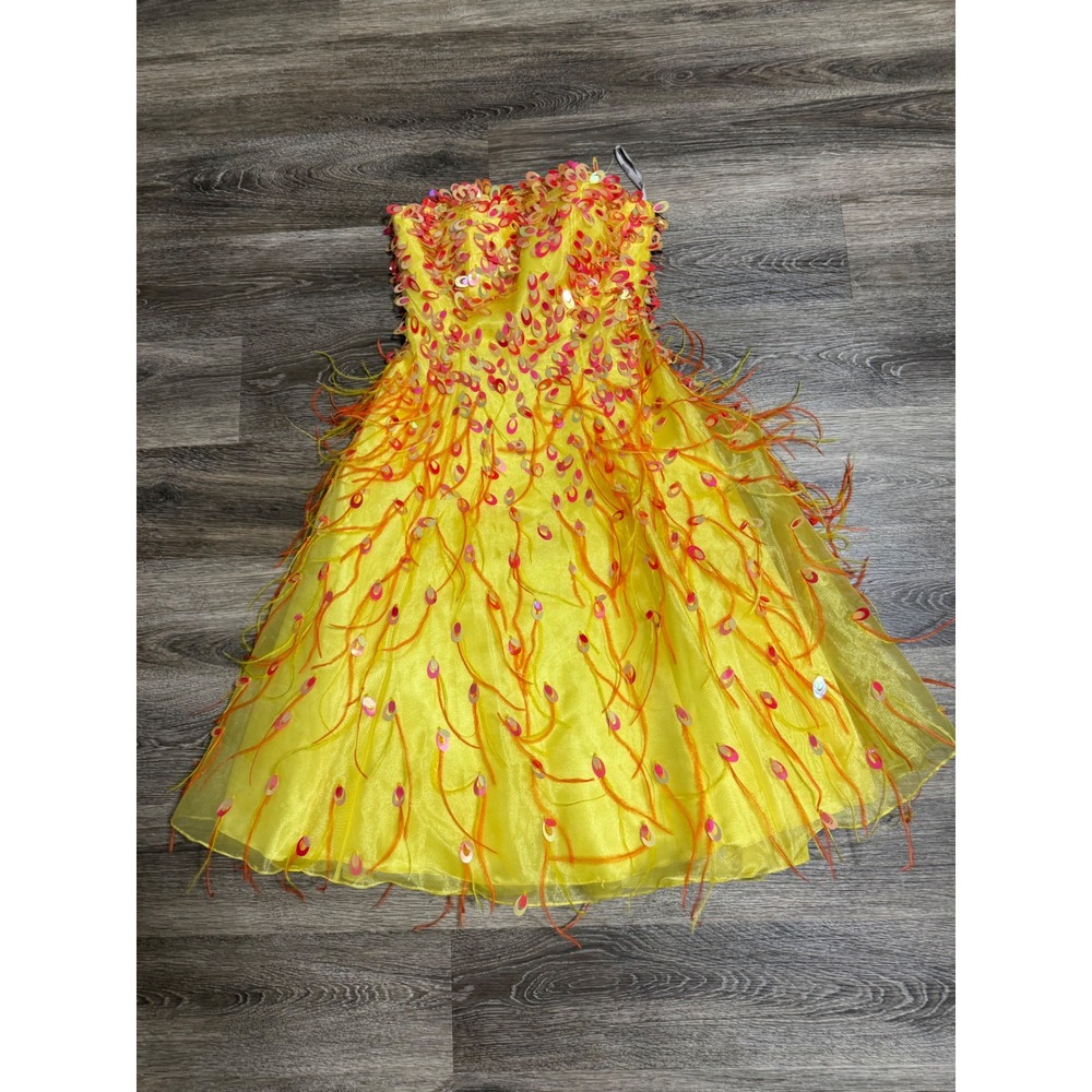Tiffany Designs Yellow Sequin Feather Strapless Dress Prom Pageant Size 2 Fairy